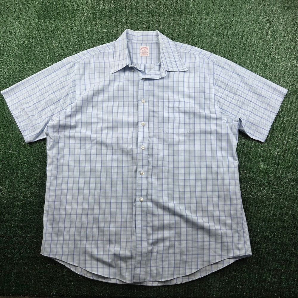 Brooks Brothers Mens XL Blue Plaid Supima Cotton Non-Iron Short Sleeve Shirt - Picture 2 of 7